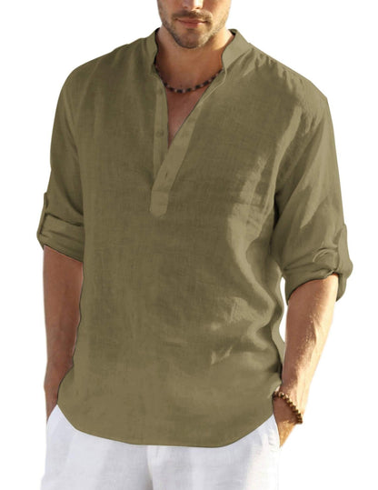 2024 Men's Cotton Linen Henley Shirt Long Sleeve Hippie Casual Beach T Shirts
