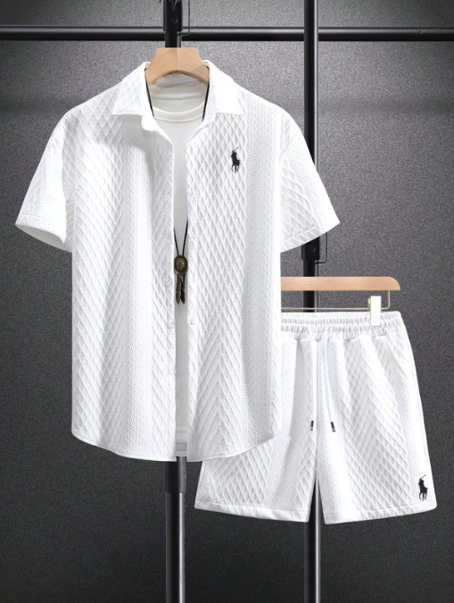 Men’s Textured Short-Sleeve Shirt & Shorts Set