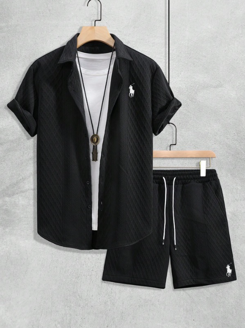 Men’s Textured Short-Sleeve Shirt & Shorts Set