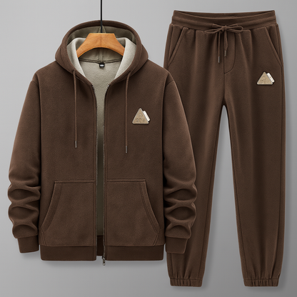 Fleece-Lined Thickened Casual Sporty Hooded Cardigan Sweatsuit (2-Piece Set)