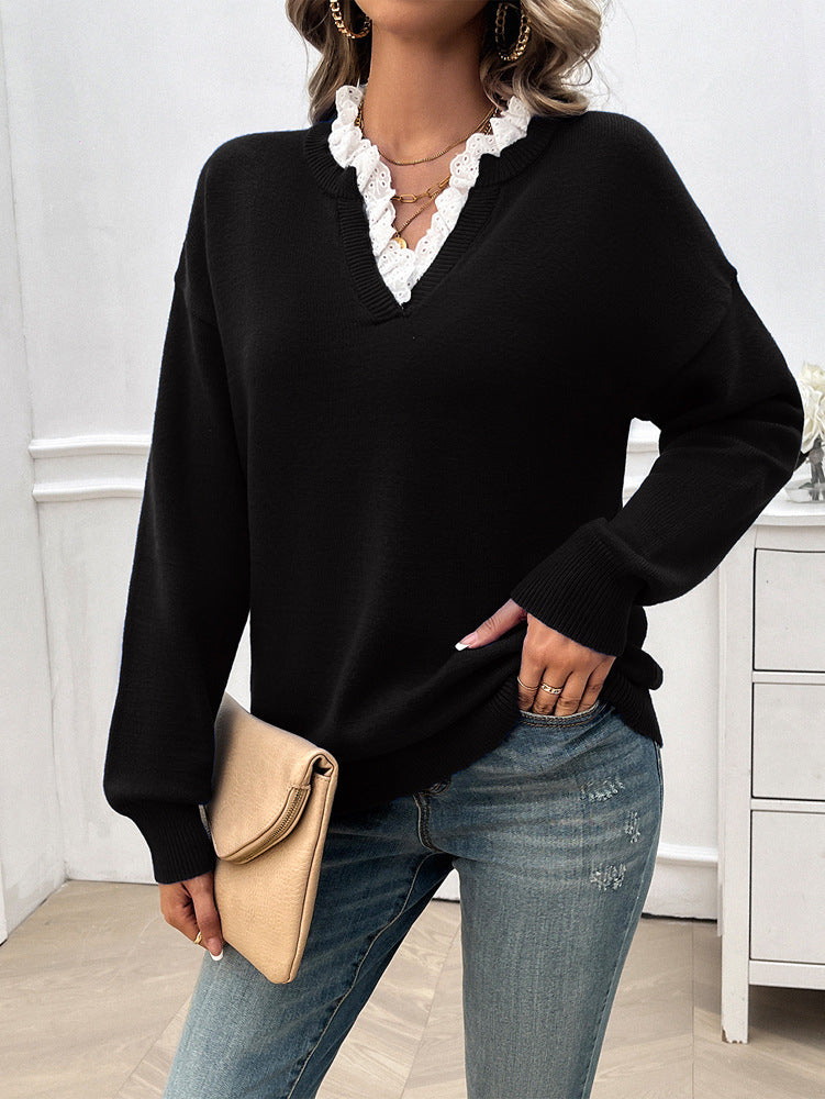 long-sleeve knitted sweater with lace trim