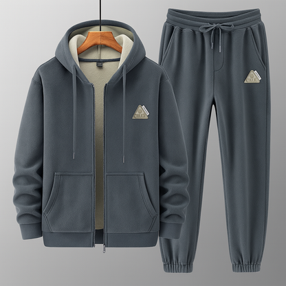 Fleece-Lined Thickened Casual Sporty Hooded Cardigan Sweatsuit (2-Piece Set)