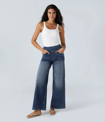 High-waisted elastic trousers